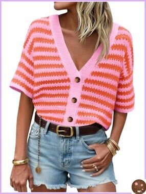 Women's Striped Short Sleeve Button Up Crochet Cardigan Sweater